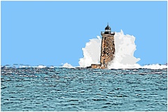 Wave Surrounds Stone Lighthouse Tower - Digital Painting